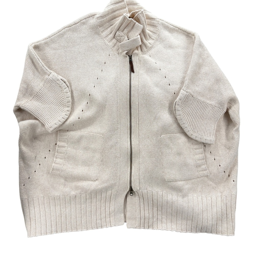 Soft Surroundings Cream Full Zip Mock Neck Knit Cardigan Sweater L/XL Oversized